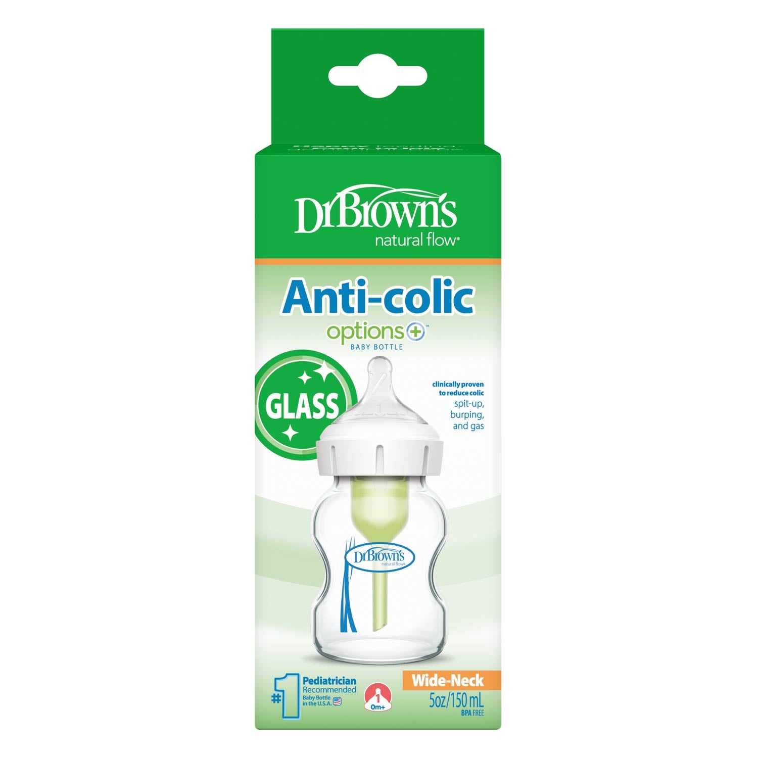 Dr. Brown's Natural Flow Anti-Colic Options+ Wide-Neck Glass Baby Bottle. with Level 1 Slow Flow Nipple - Image 2