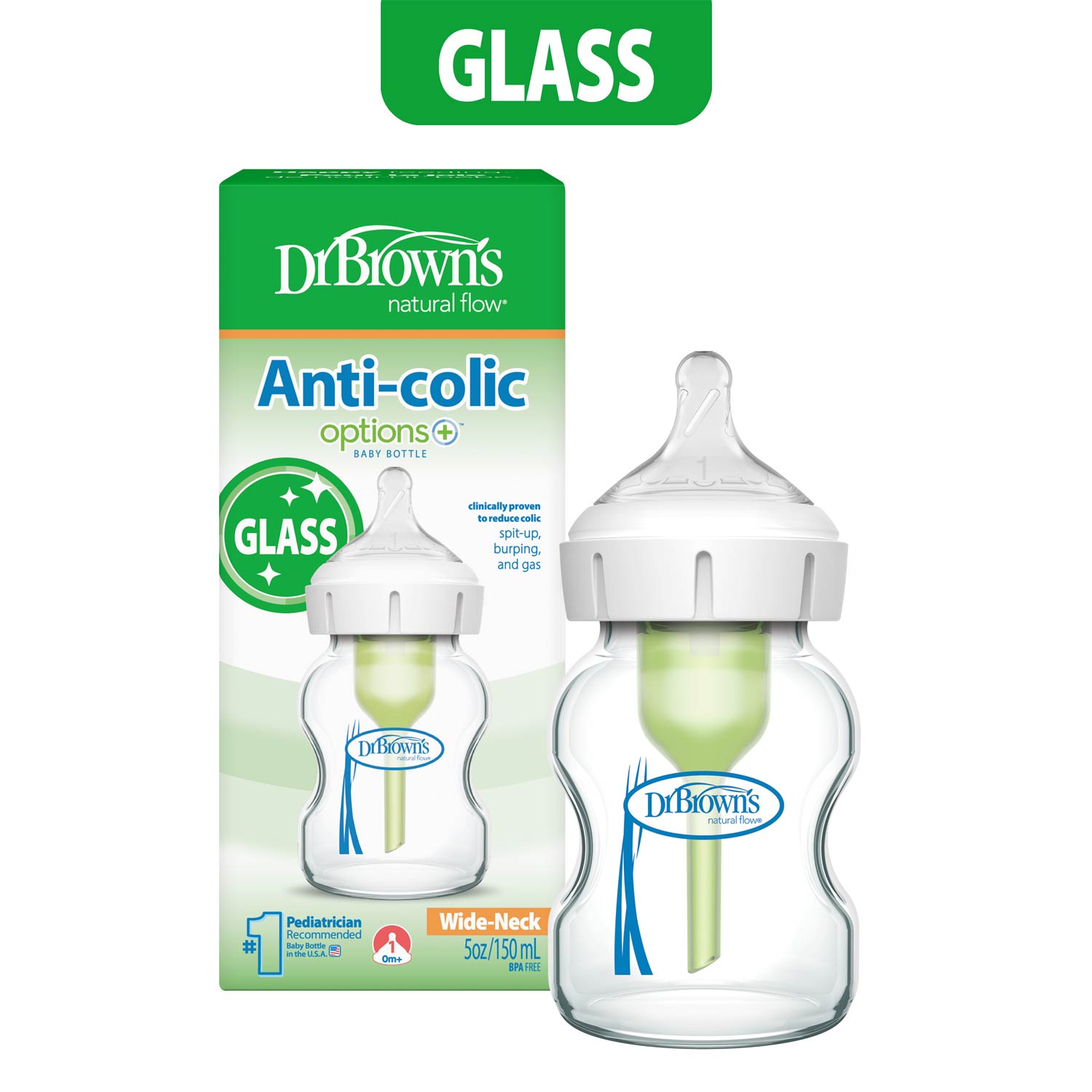 Dr. Brown's Natural Flow Anti-Colic Options+ Wide-Neck Glass Baby Bottle. with Level 1 Slow Flow Nipple - Image 3