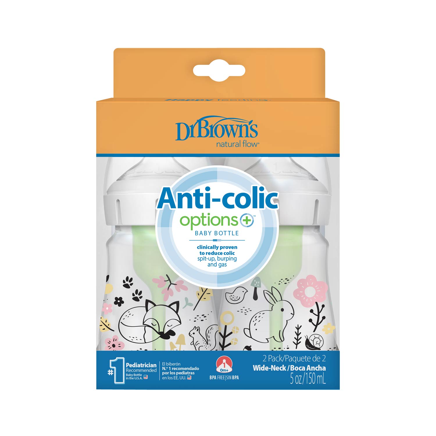 Dr. Brown's Natural Flow Anti-Colic Options+ Wide-Neck Baby Bottle. 5oz/150mL. 2-Pack - Image 2
