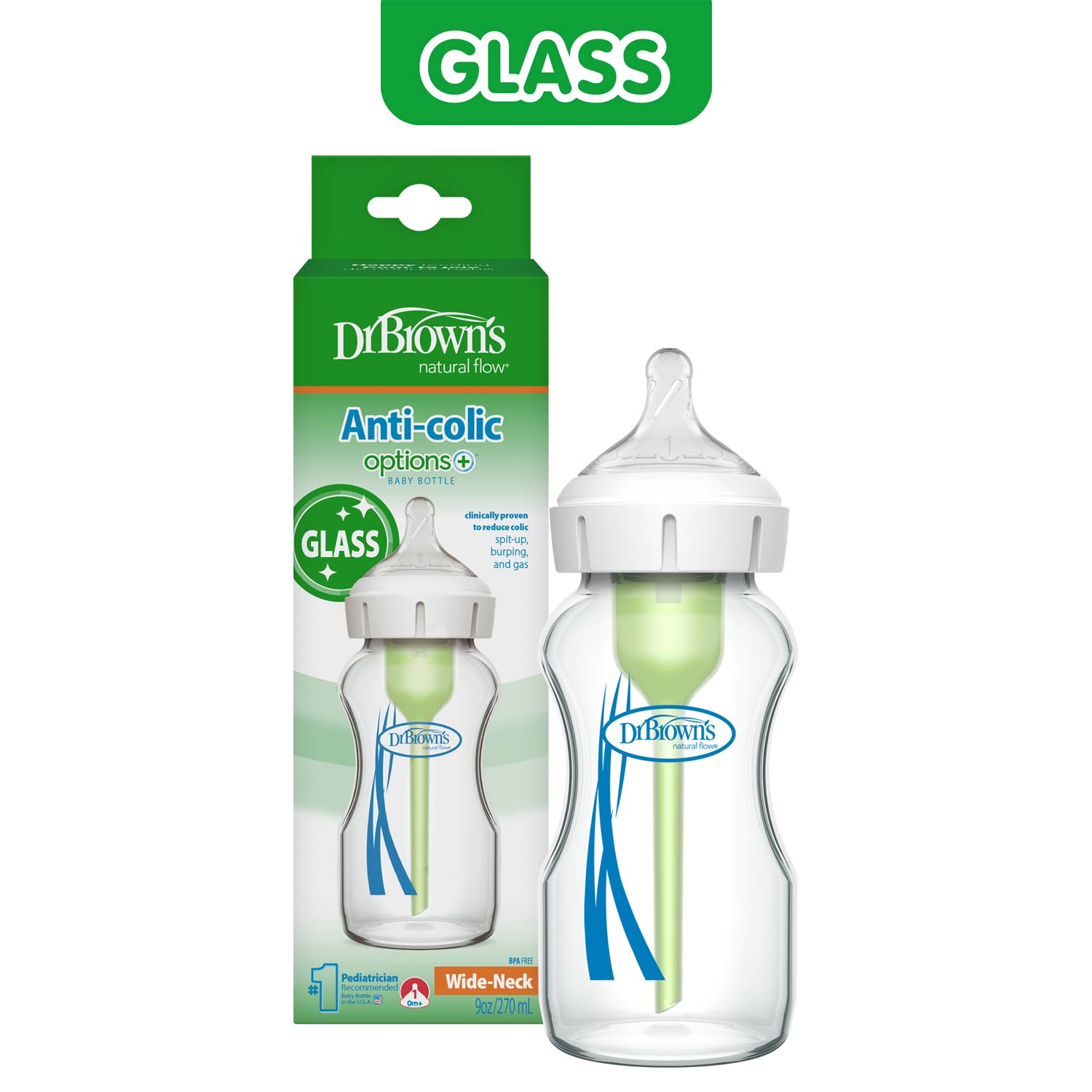 Dr. Brown's Natural Flow Anti-Colic Options+ Wide-Neck Glass Baby Bottle. with Level 1 Slow Flow Nipple - Image 3