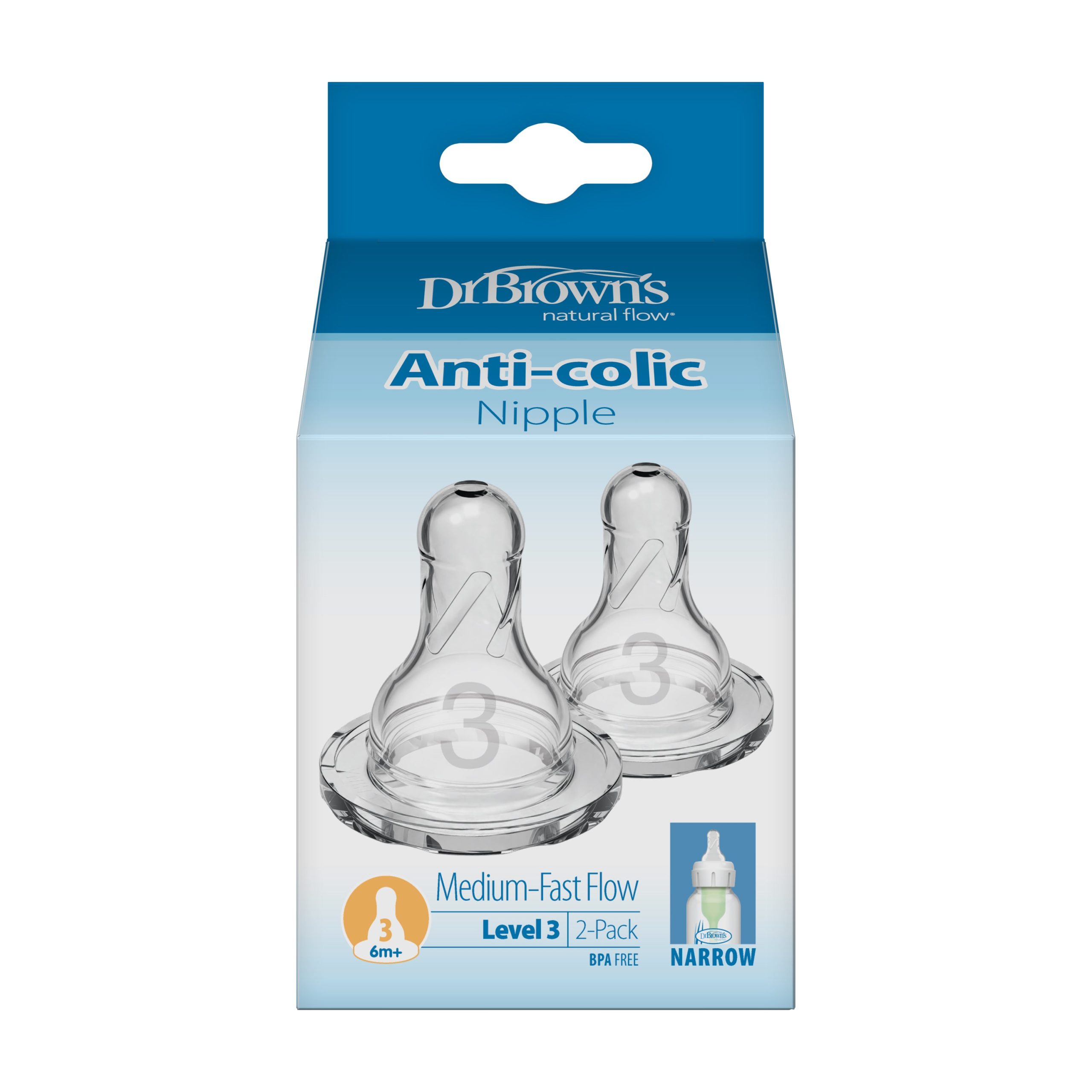 Dr. Brown's Natural Flow Narrow Baby Bottle Silicone Nipple. Level 3. 2-Pack - Image 2