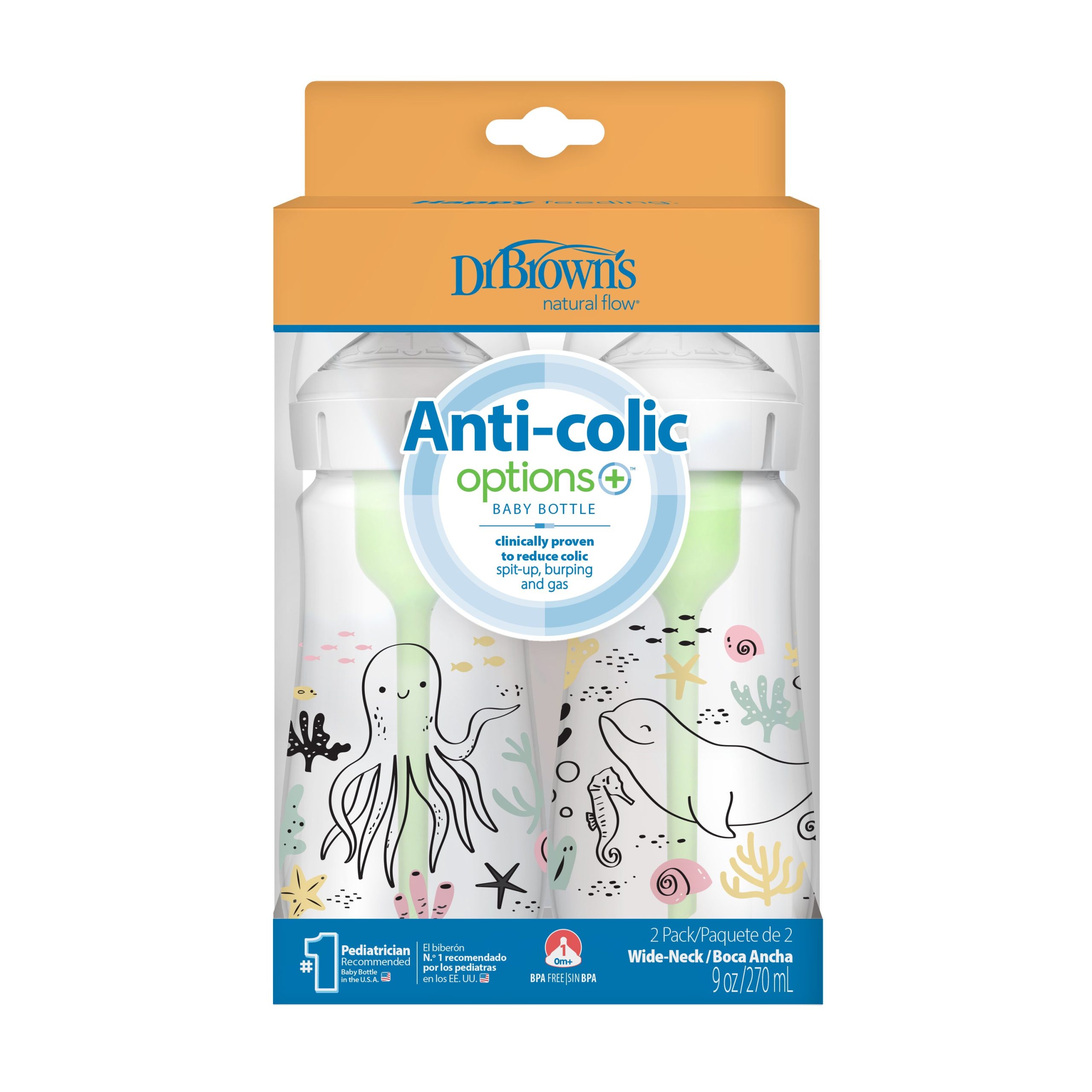 Dr. Brown's Natural Flow Anti-Colic Options+ Wide-Neck Baby Bottle. 9oz/270mL. 2-Pack - Image 2