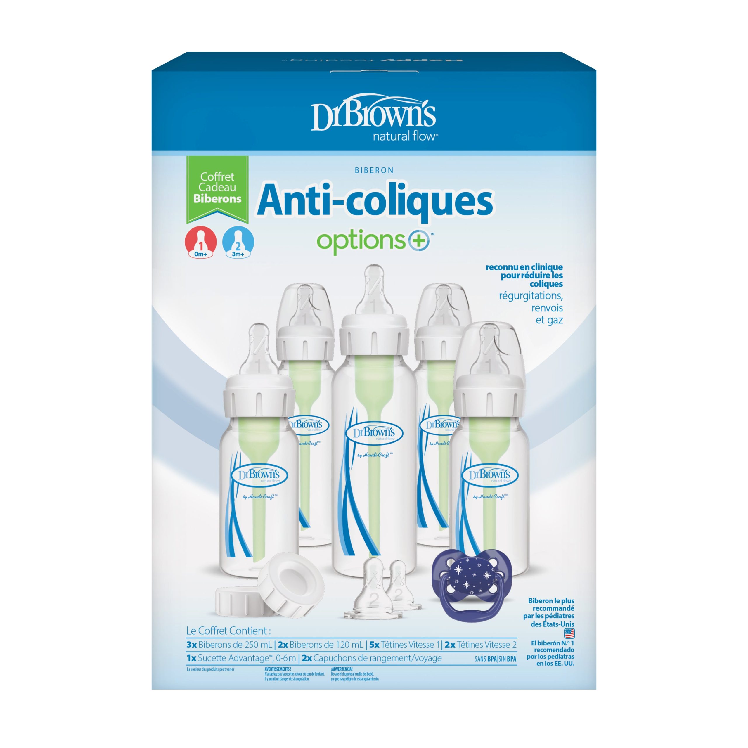 Dr. Brown's Natural Flow® Anti-Colic Options+™ Narrow Baby Bottle Gift Set with Advantage™ Pacifier. and Bottle Travel Caps - Image 2