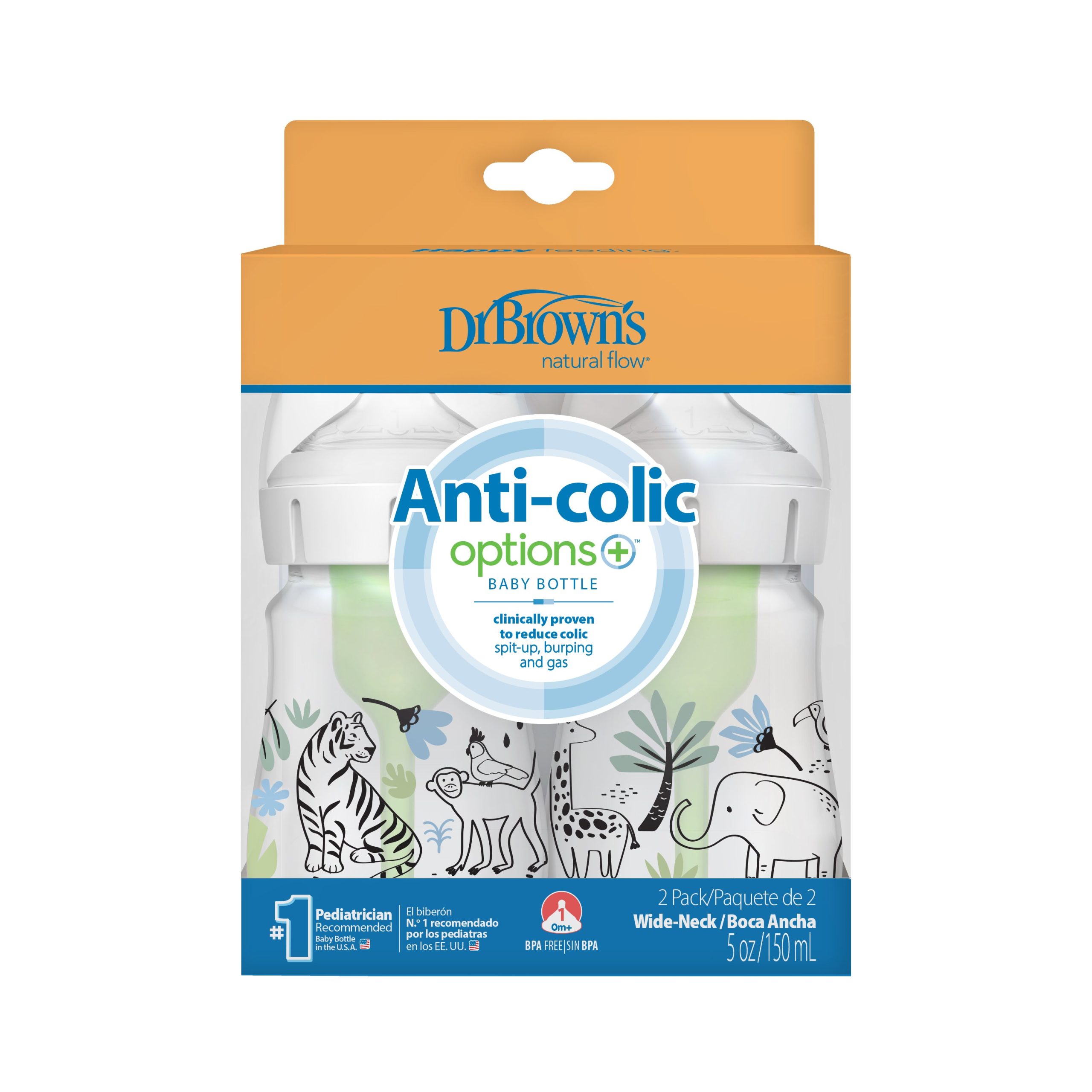 Dr. Brown's Natural Flow Anti-Colic Options+ Wide-Neck Baby Bottle. 5oz/150mL. 2-Pack - Image 2