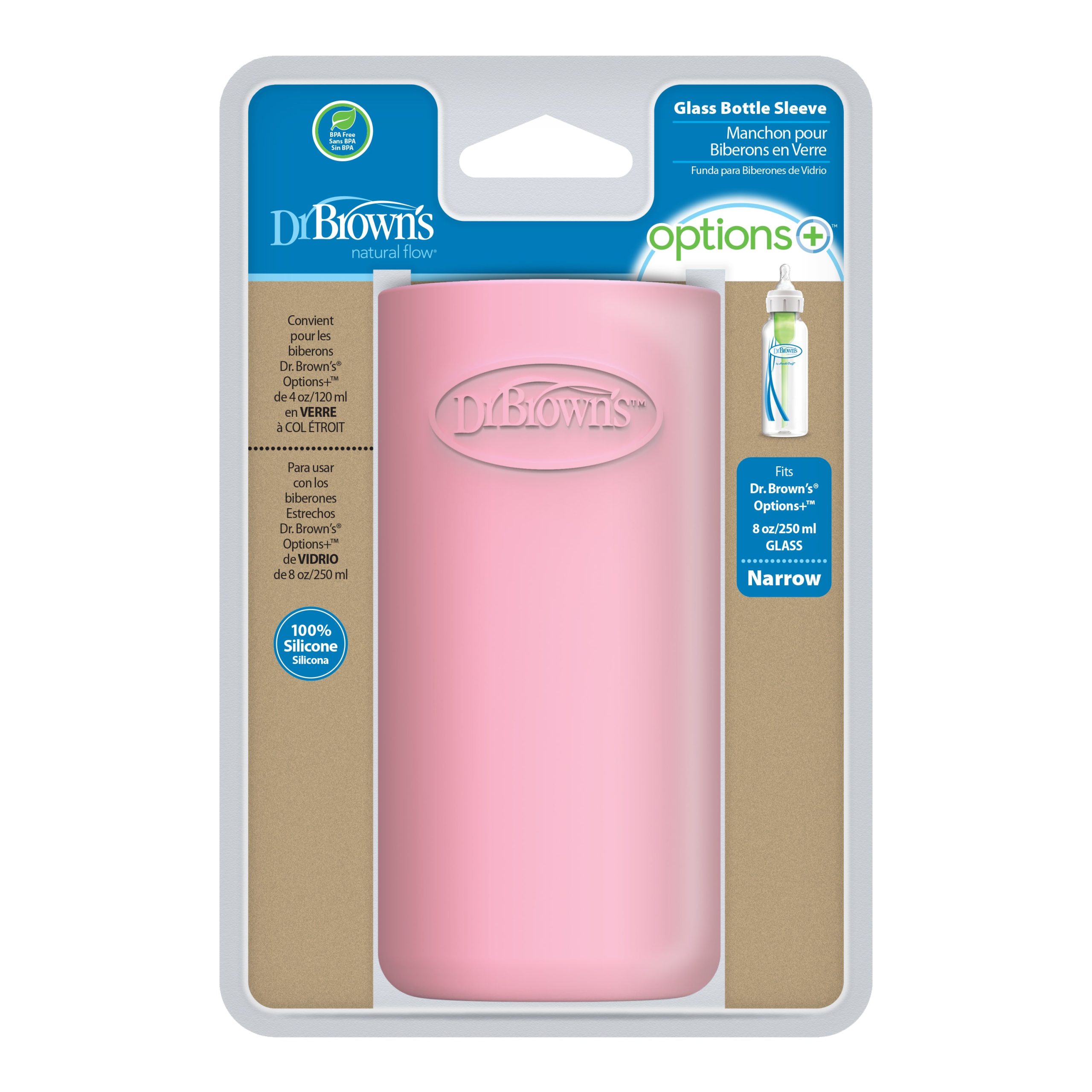 Dr. Brown's Natural Flow® Options+™ Narrow Glass Bottle Silicone Sleeve. Pink. 8oz - Image 2